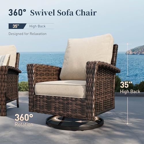 5 Pieces Patio Furniture Set with Swivel Chairs, High Back Wicker Rattan Sofa with Extra Thick Cushion and Ottoman, Outdoor Conversation Set for Garden Backyard Deck,Beige