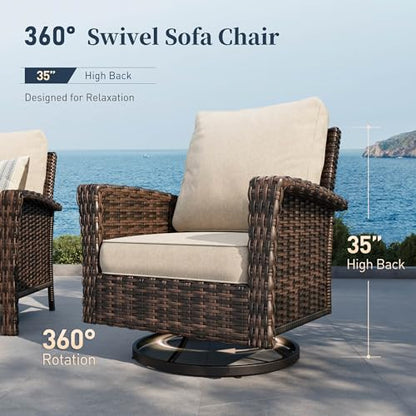 5 Pieces Patio Furniture Set with Swivel Chairs, High Back Wicker Rattan Sofa with Extra Thick Cushion and Ottoman, Outdoor Conversation Set for Garden Backyard Deck,Beige