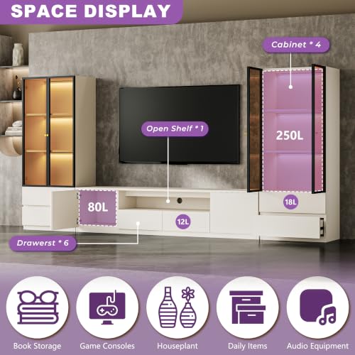 126" White Modern Entertainment Center with Bookshelves for 75 inch TVs, view 5