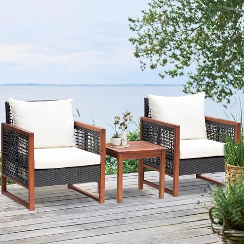 PayLessHere 3-Piece Outdoor Patio Furniture Set Modern Rattan Bistro Conversation Set with Acacia Wood Frame, Coffee Table, and Water-Resistant Cushions for Balcony, Garden, or Backyard (Khaki)