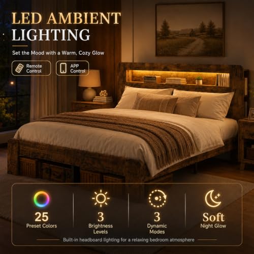 Farmhouse Queen Bed Frame, Storage Headboard with LED Charging, Brown, view 7