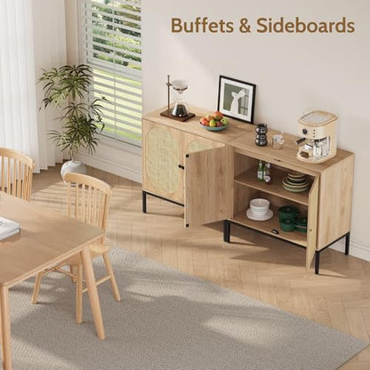 Set of 2 63" Sideboard Cabinet with Natural Rattan Hand-Woven Doors, Rattan Cabinet, Accent Buffet Storage Console Cane Credenza, for Living Room Entryway, Metal Legs/Natural