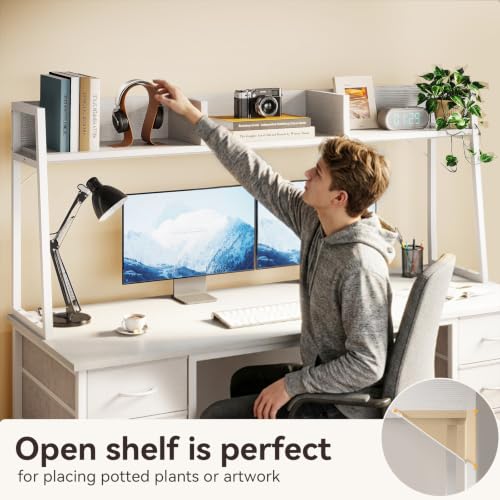 54 Inch Desk with Hutch and 8 Fabric Drawers, White, view 6