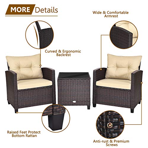 3 Piece Patio Furniture Set, Outdoor Conversation Set with Washable Cushions & Tempered Glass Tabletop, PE Rattan Wicker Bistro Set for Porch, Garden, Balcony (Beige)