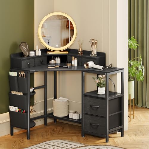 Corner Desk with 6 Drawers Shelves for Small Space Computer Desk with Power Outlets,Gaming Desk with Printer Monitor Stand Storage for Home Office Workstation Writing Table (Black, 31.5)