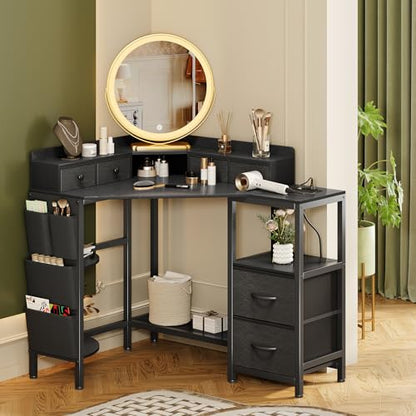 Corner Desk with 6 Drawers Shelves for Small Space Computer Desk with Power Outlets,Gaming Desk with Printer Monitor Stand Storage for Home Office Workstation Writing Table (Black, 31.5)