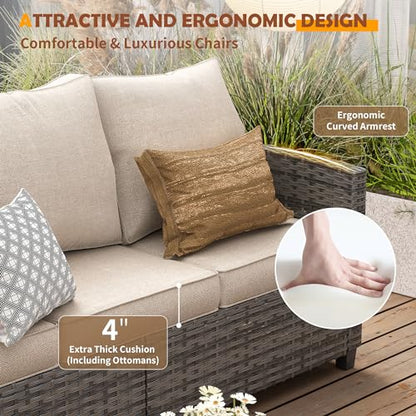 Patio Furniture Set with 44" Fire Pit Table, 6 Pieces Outdoor Sectional Conversation Sets, All-Weather Wicker Rattan Sofa Ottoman with 4" Thick Cushion for Garden Backyard Deck, Khaki