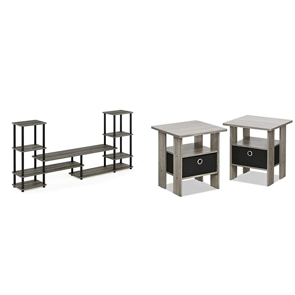 FURINNO Turn-N-Tube Grand Entertainment Center with End Tables, French Oak Grey/Black