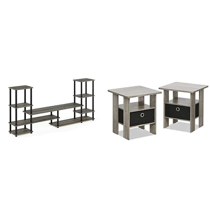 FURINNO Turn-N-Tube Grand Entertainment Center with End Tables, French Oak Grey/Black