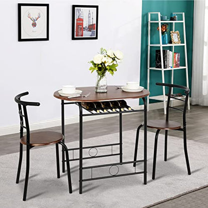 3 Piece Dining Set,Small Kitchen Table Set for 2,Breakfast Table Set for 2,Kitchen Wooden Table and 2 Chairs for Small Space/Dining Room/Apartment,Metal Frame,Wine Rack,Black&Walnut