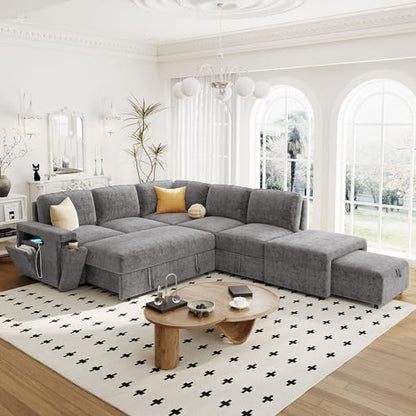 L-Shaped Modular Sofa with Removable Storage Ottoman, USB Ports and Cup Holder, Upholstered Sectional Couch & Armrest, Free Combination Indoor Furniture for Living Room, Apartments, Gray