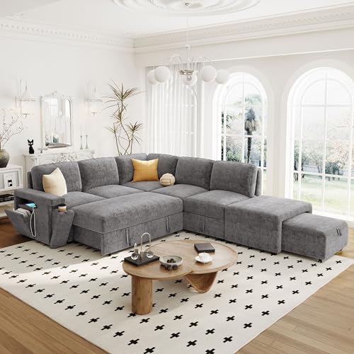 L-Shaped Modular Sofa with Removable Storage Ottoman, USB Ports and Cup Holder, Upholstered Sectional Couch & Armrest, Free Combination Indoor Furniture for Living Room, Apartments, Gray