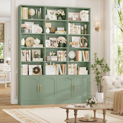 82.3" Triple Wide Bookshelf, 7-Tier Tall Bookcase with 15-Cube Open Bookshelf & 4 Doors, Large Bookshelf with Storage Cabinet, Modern Bookshelf for Living Room, Office, Study Room, Green