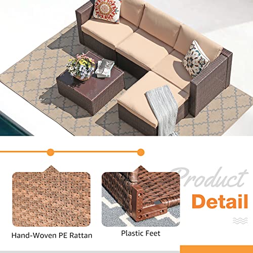 3 Piece Patio Furniture Set, Outdoor Sectional Sofa, PE Wicker Rattan Conversation Set, All Weather Armless Chair and Ottoman with Coffee Table, Brown Wicker Beige Cushion