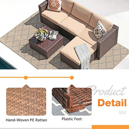 3 Piece Patio Furniture Set, Outdoor Sectional Sofa, PE Wicker Rattan Conversation Set, All Weather Armless Chair and Ottoman with Coffee Table, Brown Wicker Beige Cushion