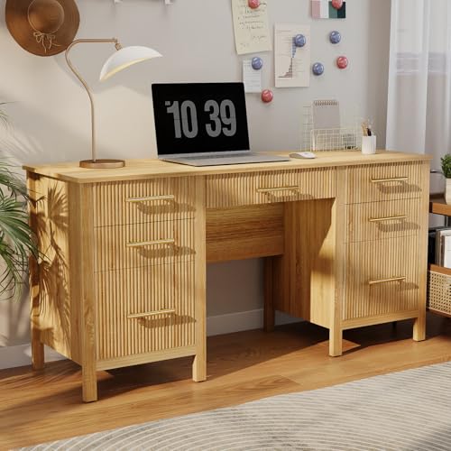 Fluted Executive Desk with Drawers: 60" Oak Home Office Desks with File Drawers, Modern Computer Desk with Gold Handles, Writing Table for Study, Living Room (Oak, 60")