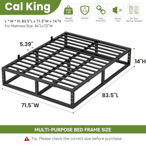 14 Inch Cal King Bed Frame,Metal Platform Upgrade Heavy Duty Base Black, view 4