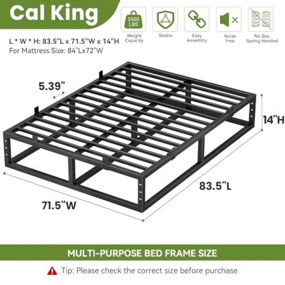 14 Inch Cal King Bed Frame,Metal Platform Upgrade Heavy Duty Base Black, view 4