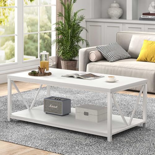 White Coffee Table with Storage Shelf, Modern Rustic Wood and Metal Center Table for Living Room, 47 Inch