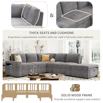 L-Shaped Modular Sofa with Removable Storage Ottoman, USB Ports and Cup Holder, Upholstered Sectional Couch & Armrest, Free Combination Indoor Furniture for Living Room, Apartments, Gray