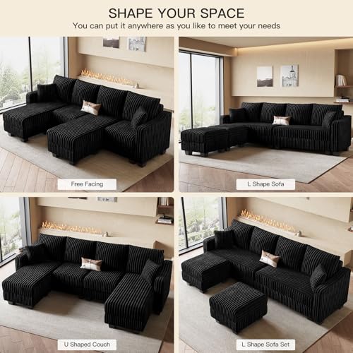 U Shaped Couch with Reversible Chaises Sectional Couches for Living Room Sectional Couch with Ottomans Corduroy (Black, U Shaped)