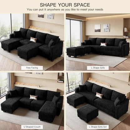 U Shaped Couch with Reversible Chaises Sectional Couches for Living Room Sectional Couch with Ottomans Corduroy (Black, U Shaped)