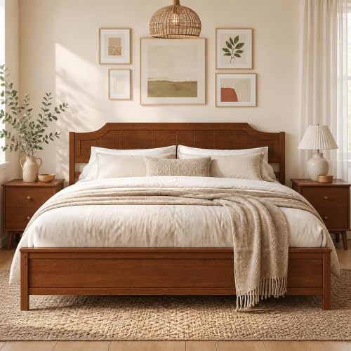 King Size Bed Frame with Headboard, Wood Platform Bed (Walnut), view 4