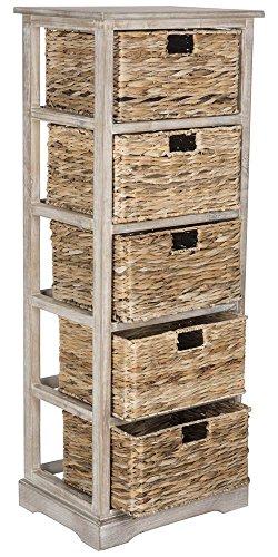 SAFAVIEH Furniture - Vedette 5-Basket Storage Tower - White Washed - Solid Wood - Coastal Basket Tower Design - Ideal for Entryway, Living Room, 17.5"W x 13.5"D x 46"H - Fully Assembled (AMH5739E)