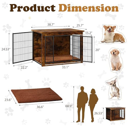 Wooden Dog Crate Furniture with Thick Cushion, Indoor Side Table Dog Kennel, view 8
