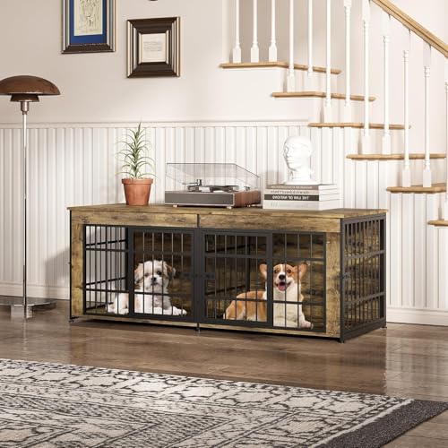 63" Large Wooden Dog Crate Furniture for 2 Dogs, Brown, view 4
