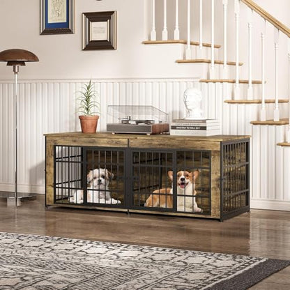 63" Large Wooden Dog Crate Furniture for 2 Dogs, Brown, view 4