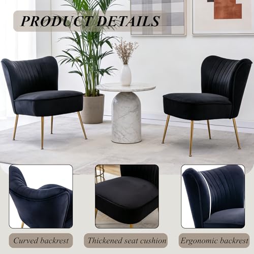 Velvet Accent Chair Set of 2 Comfy Living Room Chair Armless Slipper Chair Mid Century Side Single Sofa Chair with Golden Legs Wingback for Bedroom Guest Room, Black
