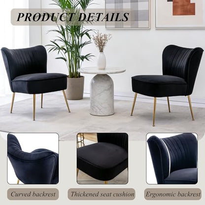 Velvet Accent Chair Set of 2 Comfy Living Room Chair Armless Slipper Chair Mid Century Side Single Sofa Chair with Golden Legs Wingback for Bedroom Guest Room, Black