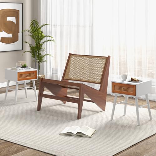 Rattan Nightstand Set of 2, Mid Century Modern End Table with Handwoven Rattan Decorated Drawer, Bedside Table with Solid Wood Legs for Bedroom and Living Room, Boho Night Stand, White