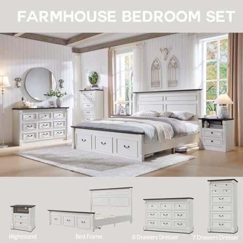 Antique White Farmhouse Bed Frame with Tall Headboard, view 7