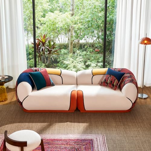 102" Oversized Modern Curved Sofa, Minimalist 4-Seat Chenille Couch for Living Room Apartment, Boneless Sectional Floor Lounge Couches with Bohemian Style Pillows, No Assembly