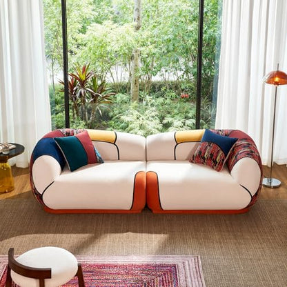 102" Oversized Modern Curved Sofa, Minimalist 4-Seat Chenille Couch for Living Room Apartment, Boneless Sectional Floor Lounge Couches with Bohemian Style Pillows, No Assembly