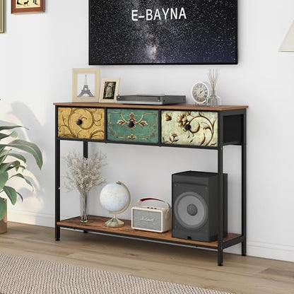 Entryway Console Table with 3 Retro Flowers Fabric Drawers Boho Narrow Long Behind Couch Sofa Table with Bottom Open Storage Shelf for Hallway Living Room Foyer (Retro Flower, 3 Drawers)