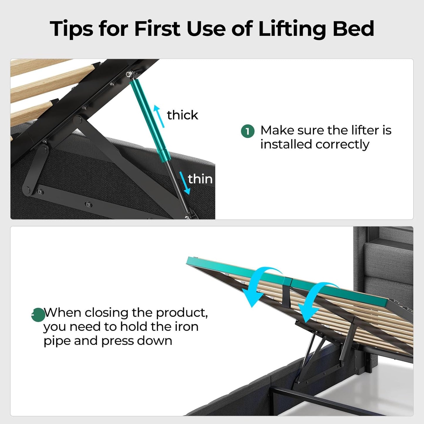 Bed Frame Twin Size with Lift up Storage, Charging Station & LED Lights, Upholstered Storage Headboard, Heavy Duty Wooden Slats, No Box Spring Needed, Noise Free, Easy Assembly, Dark Grey