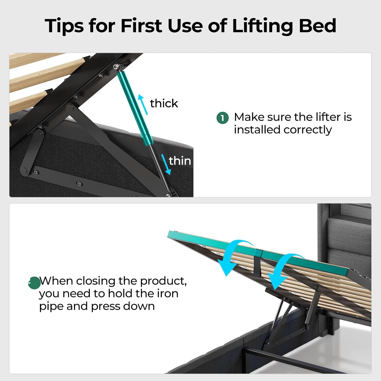 Bed Frame Twin Size with Lift up Storage, Charging Station & LED Lights, Upholstered Storage Headboard, Heavy Duty Wooden Slats, No Box Spring Needed, Noise Free, Easy Assembly, Dark Grey