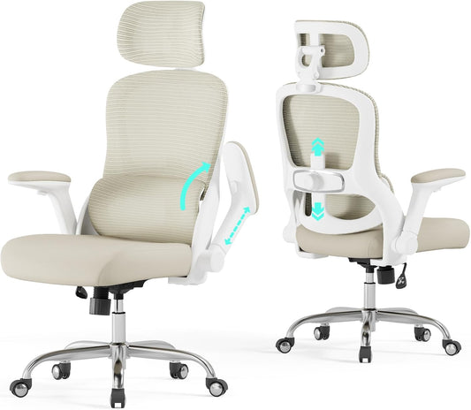 Office Chair - Ergonomic Desk Chair with Adjustable Headrest Lumbar Support Computer Chair - Mesh Comfy Chairs with Flip-Up Armrests - Big and Tall Gaming Chairs for Adults Home Office(Beige)