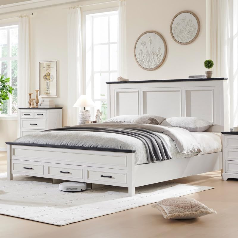 Farmhouse King Size Bed Frame with 52" Tall Headboard, Wood Platform Bedframe with Footboard and Storage Drawers, No Squeak, No Box Spring Needed, Antique White