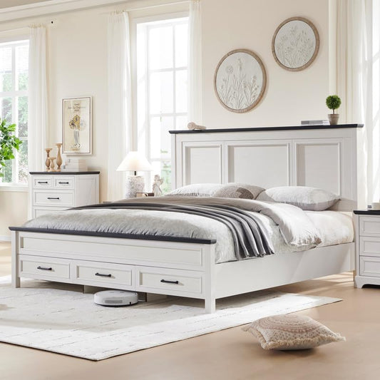 Farmhouse King Size Bed Frame with 52" Tall Headboard, Wood Platform Bedframe with Footboard and Storage Drawers, No Squeak, No Box Spring Needed, Antique White