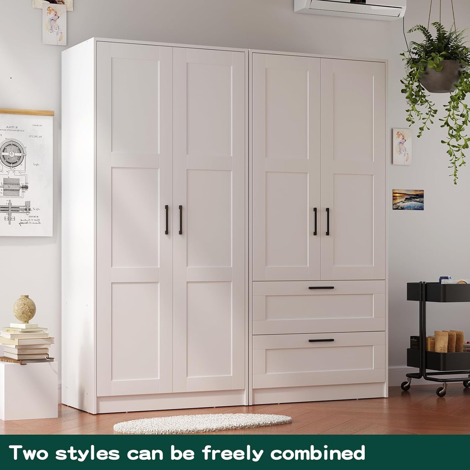 Wood White Wardrobe Closet with 2 Doors and 2 Drawers，Bedroom Freestanding Armoire Storage Cabinet with Shelves，Wooden Wardrobe Combination for Hanging Clothes (White 2 Drawers)