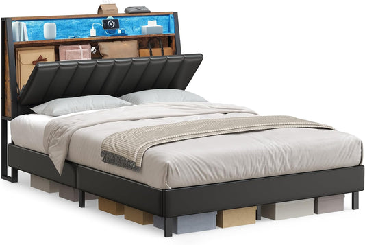 LED Bed Frame Full Size, Storage Headboard and Charging Station, Full Bed Frame with 2 AC Outlets, 1 USB Port, 1 Type-C Port, No Box Spring Needed, Ink Black and Rustic Brown URMB842B01