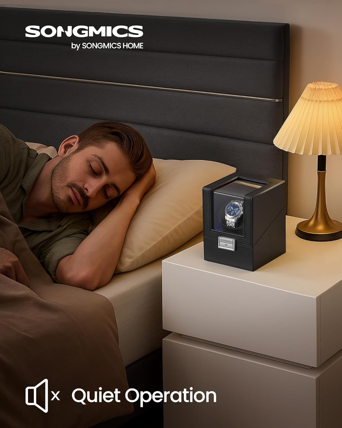 Automatic Single Watch Winder Box with Quiet Motor, for Automatic Watches, with LED Light, Adjustable Pillow, Lock, 4 Winding Settings, Includes a USB-C Charging Cable, Black UJWB030B01