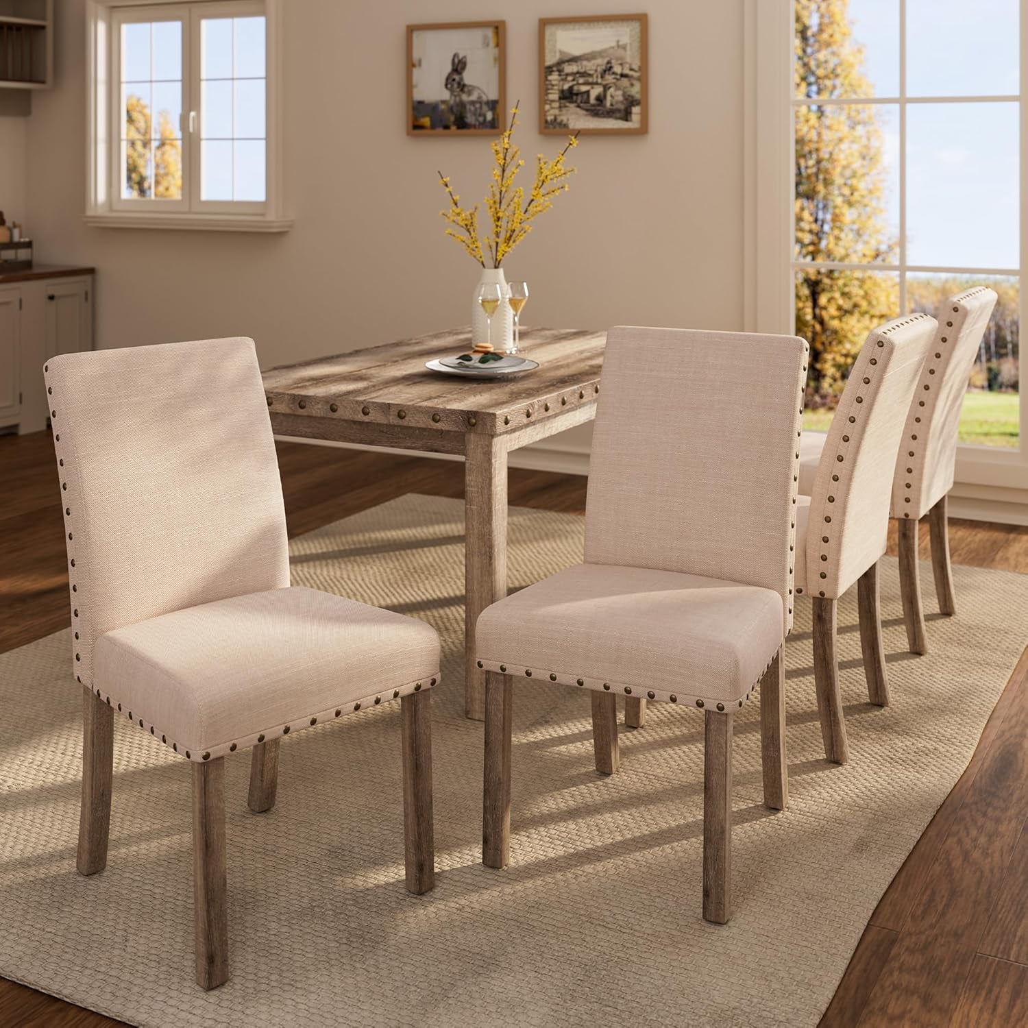 Farmhouse Dining Set for 4, 60" Rectangular Wooden Table & 4 Upholstered Chairs with Nailhead Accents, 5-Piece Kitchen Table Set for Dining Room, Breakfast Nook, Antique Rustic