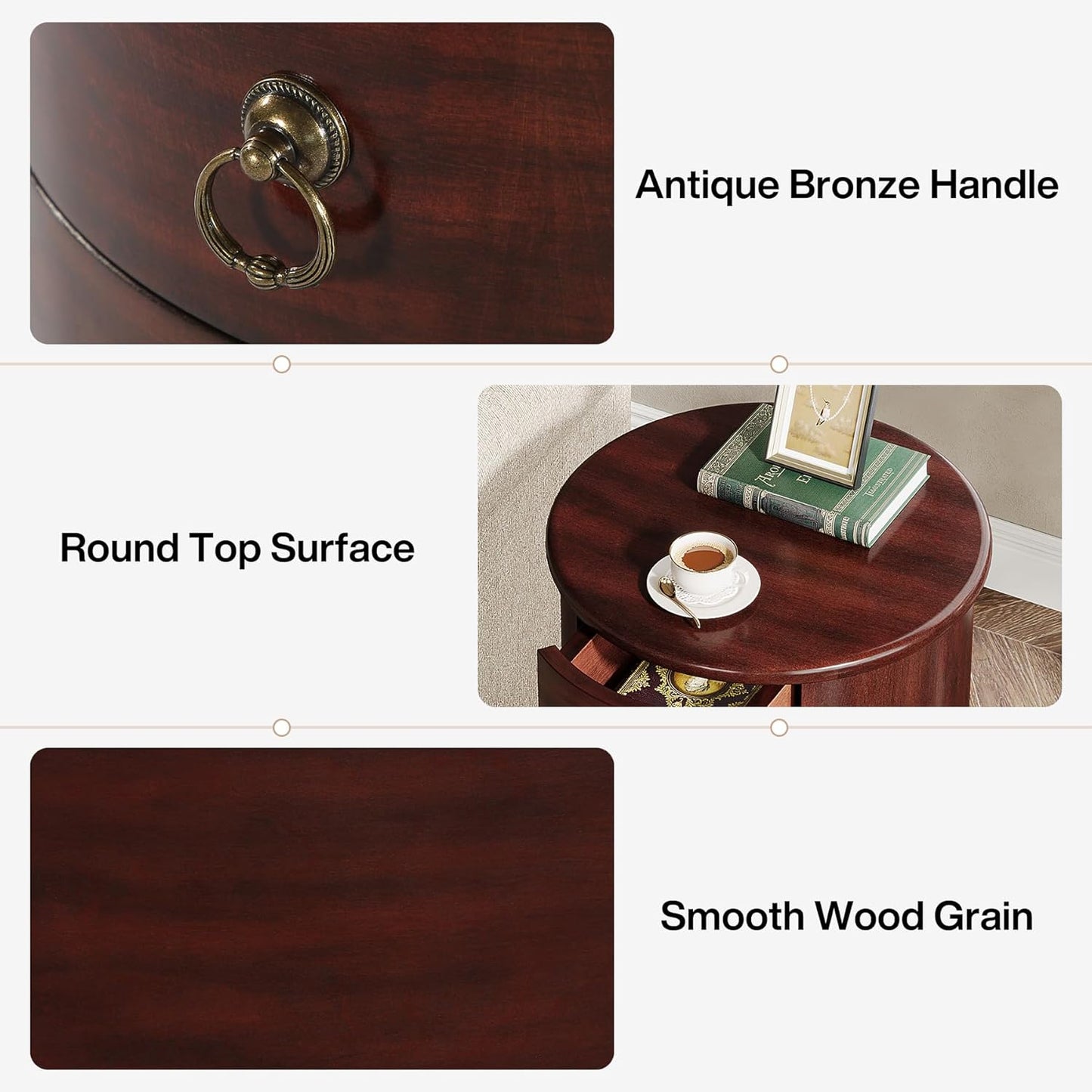 Solid Wood End Table Set of 2, round Side Table with 4 Drawers, Vintage Bedside Table Nightstand for Small Spaces, Living Room, Bedroom, No Assembly Required (2, Cherry Brown)