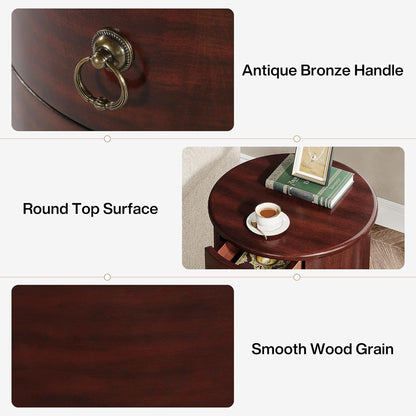 Solid Wood End Table Set of 2, round Side Table with 4 Drawers, Vintage Bedside Table Nightstand for Small Spaces, Living Room, Bedroom, No Assembly Required (2, Cherry Brown)