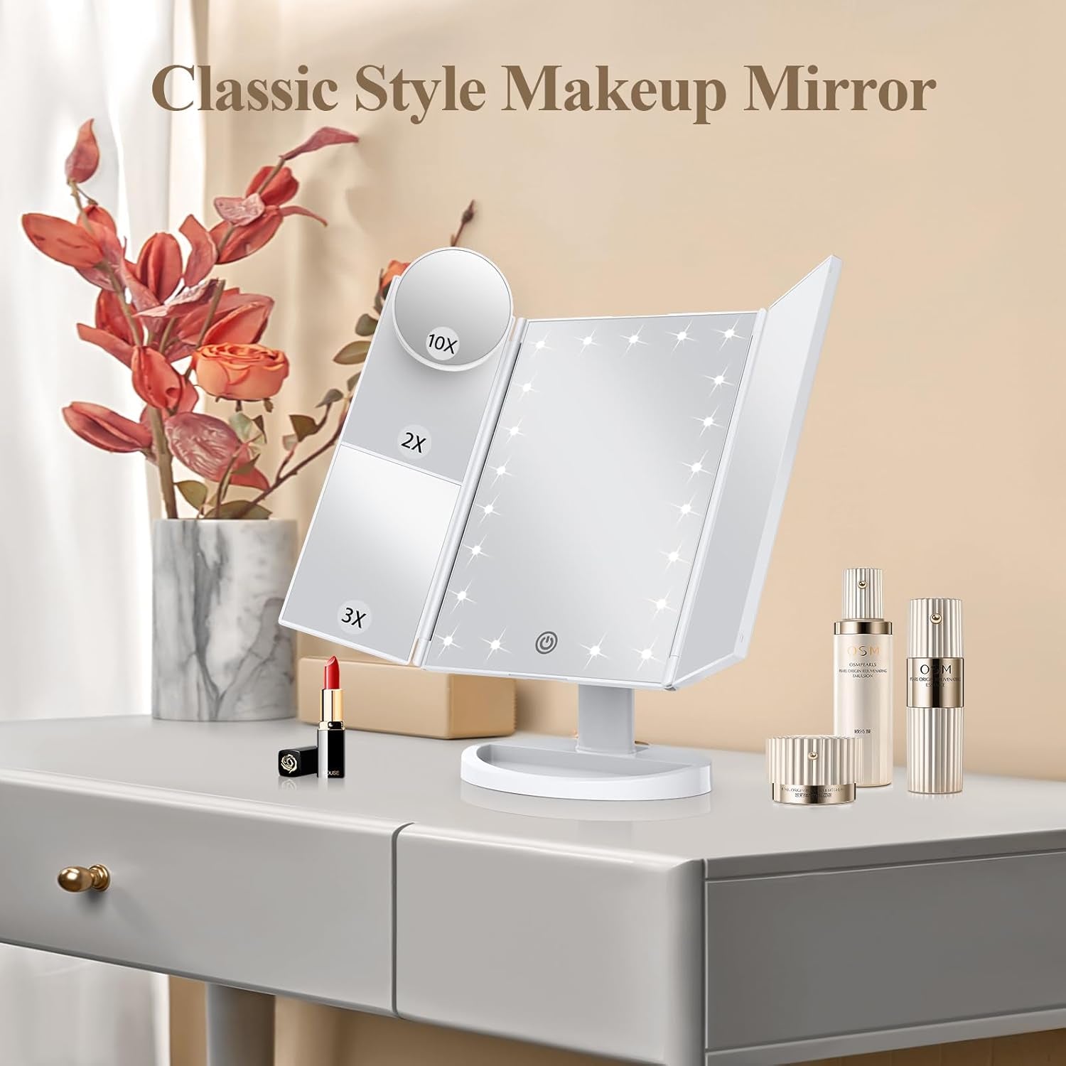 Makeup Mirror Vanity Mirror with Lights, 2X, 3X, 10X Magnification, Touch Control, Trifold, White, 9.4" L X 13.4" W, Modern Style, Dresser Mount, Bathroom